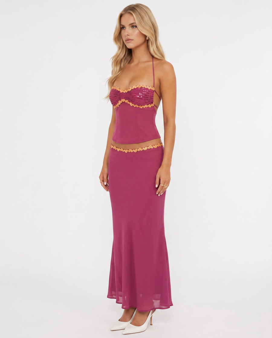 Sara Halter Bralette Maxi Skirt Set - Berry