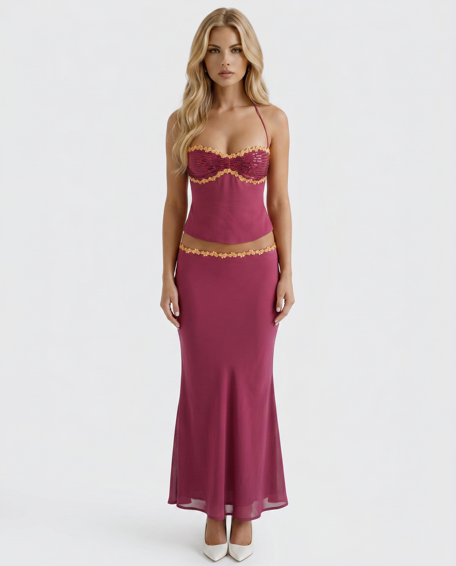 Sara Halter Bralette Maxi Skirt Set - Berry