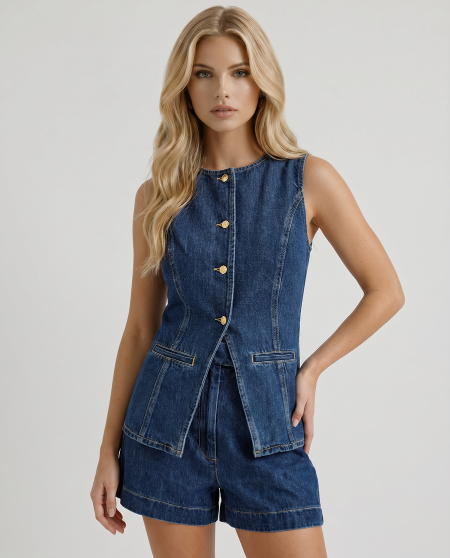 Vanya Denim Shorts Set - Blue