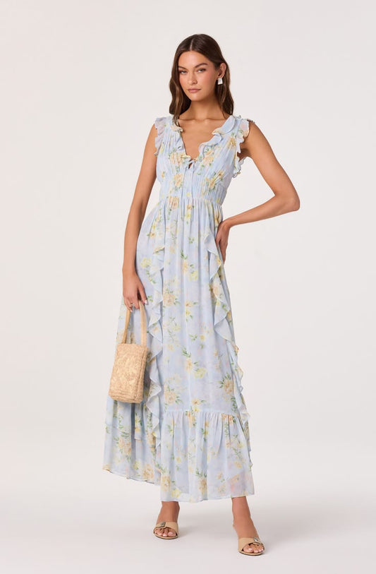 Kindra Ruffle Deep V Maxi Dress Light Blue Floral