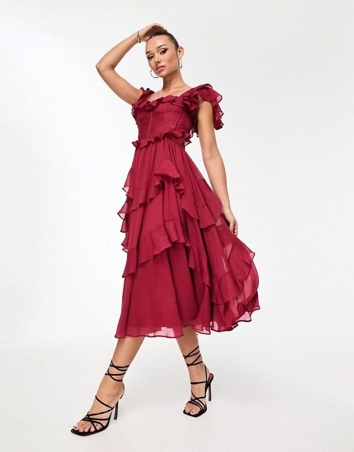 Freyna Ruffle Midi Dress Red