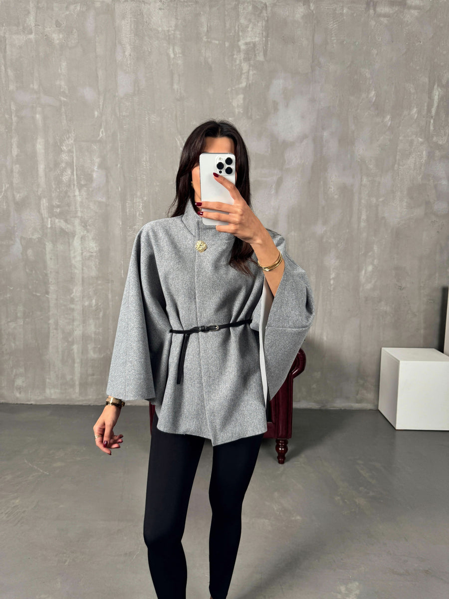 Gina Belted Poncho Jacket Gray