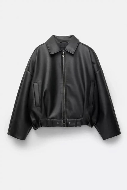 Indigo Leather Bomber Jacket Black