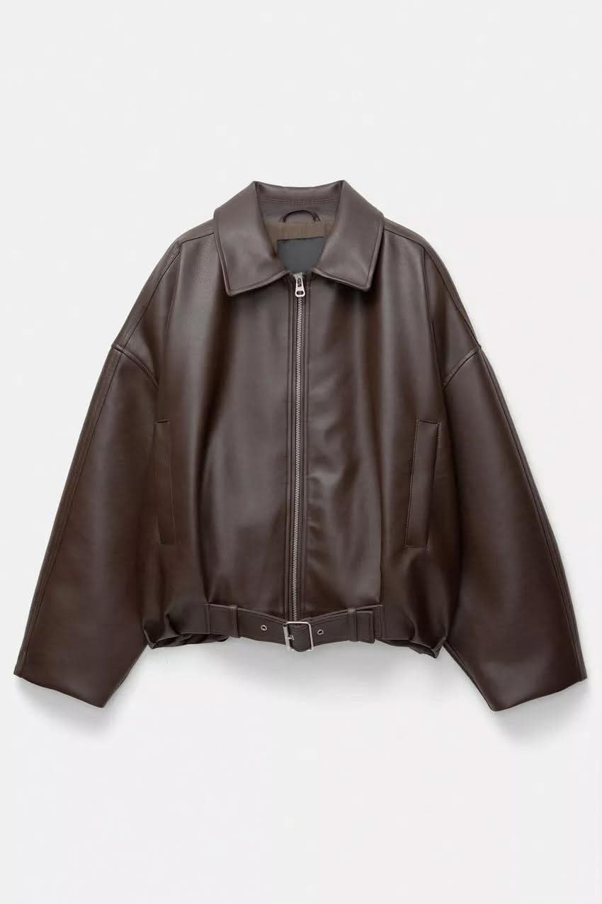 Indigo Leather Bomber Jacket Brown