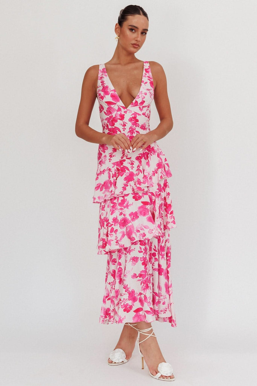 Veda Ruffle Midi Dress Pink