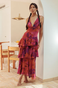 Veda Ruffle Midi Dress Dark Rose