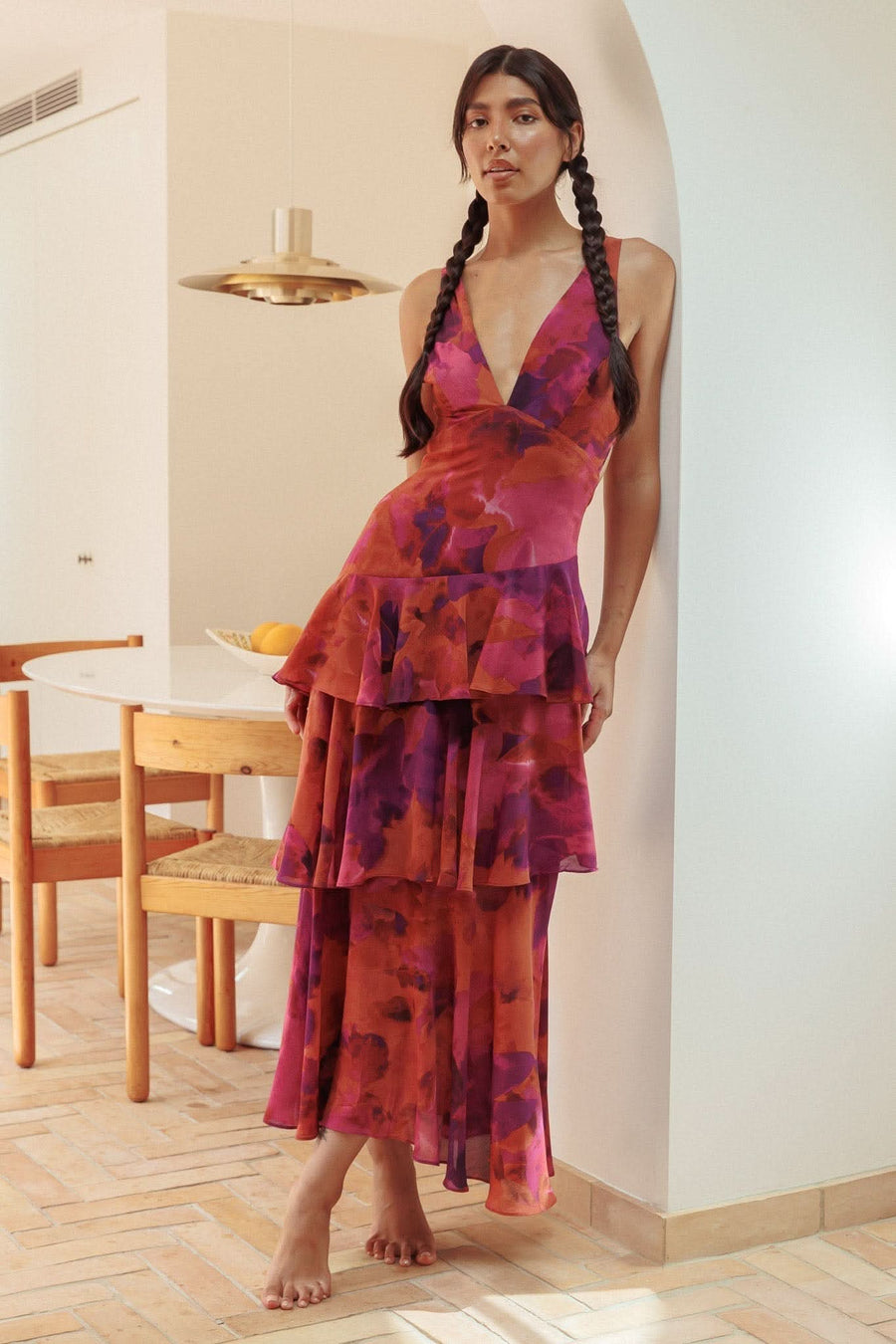 Veda Ruffle Midi Dress Dark Rose