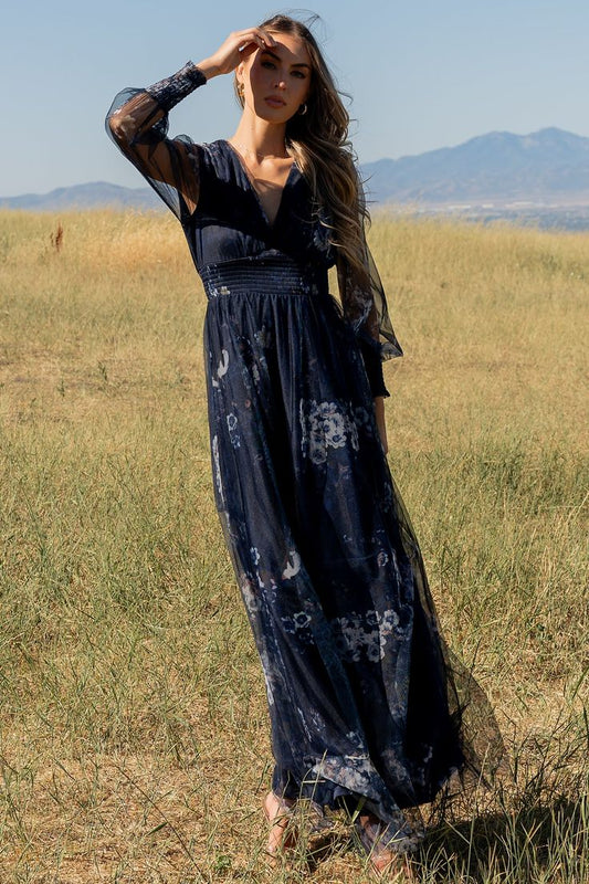 Layla Tulle Maxi Dress Navy Multi Floral