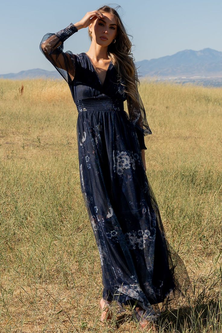 Layla Tulle Maxi Dress Navy Multi Floral