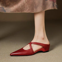 Harper | Leather Mules Cross-Strap Pointed Toe Low Heel Slip-On Red