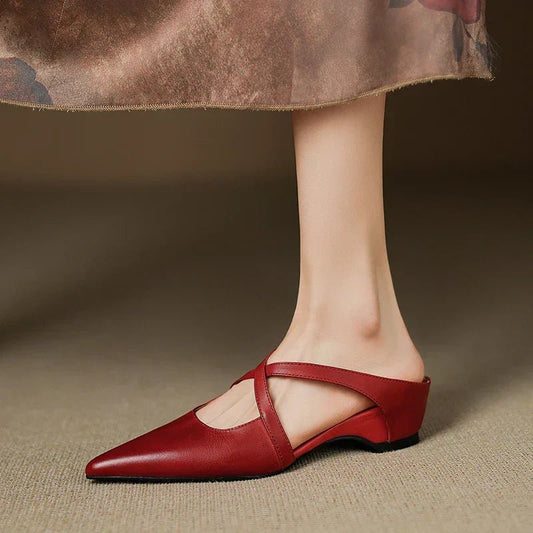 Harper | Leather Mules Cross-Strap Pointed Toe Low Heel Slip-On Red