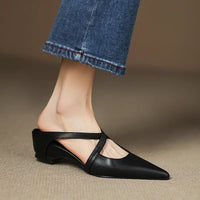 Harper | Leather Mules Cross-Strap Pointed Toe Low Heel Slip-On Black