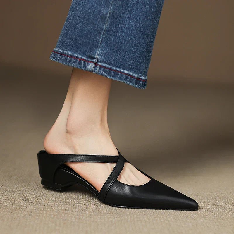 Harper | Leather Mules Cross-Strap Pointed Toe Low Heel Slip-On Black