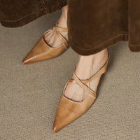 Harper | Leather Mules Cross-Strap Pointed Toe Low Heel Slip-On Apricot