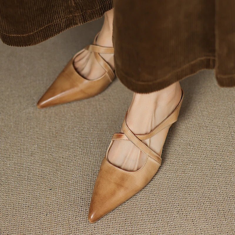 Harper | Leather Mules Cross-Strap Pointed Toe Low Heel Slip-On Apricot