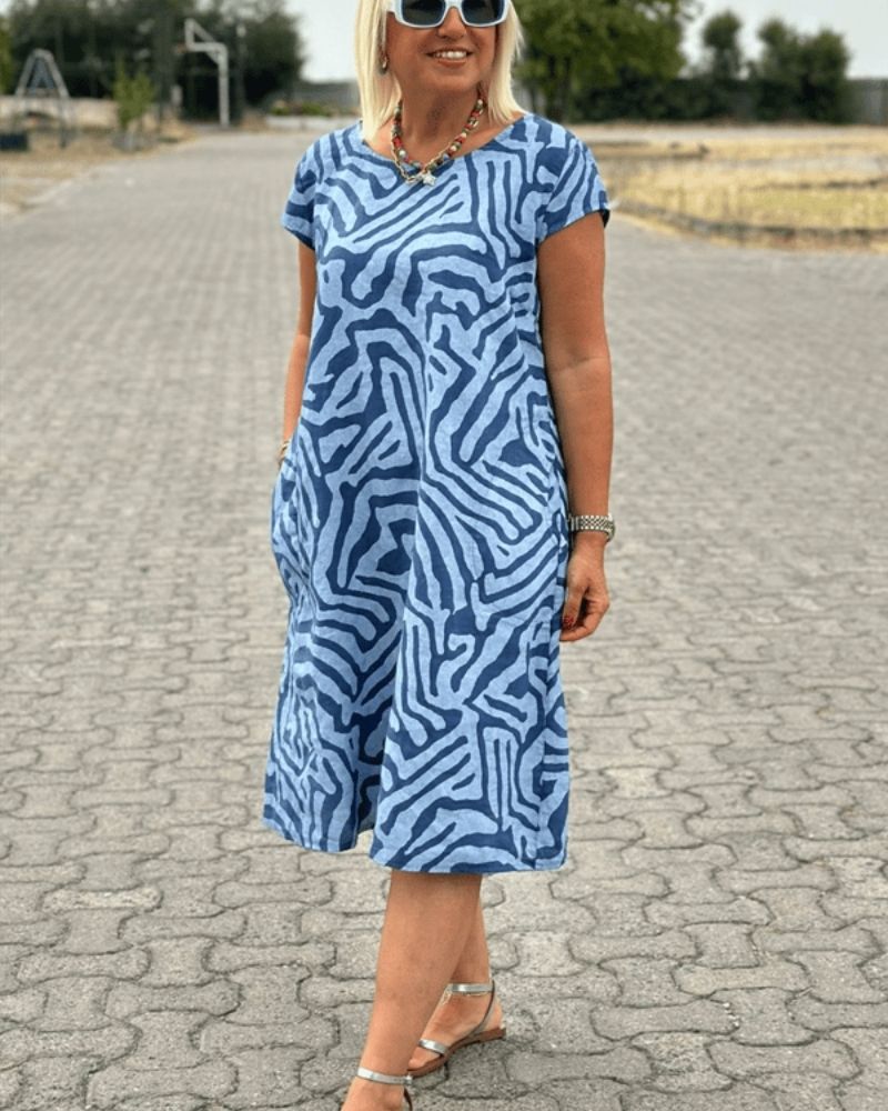 Lenara | Women's Round Neck Short Sleeve Printed Midi Dress