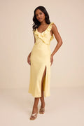Lenny Pale Yellow Satin Ruffled Midi Dress