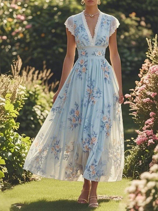 Light Blue Faux Pearl Floral V Neck A Line Maxi Chiffon Dress Light