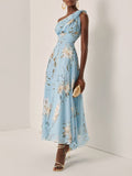 Light Blue Floral Ruched Chiffon One Shoulder Sleeveless A Line Maxi