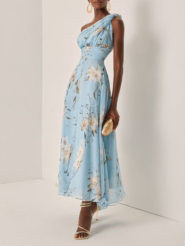 Light Blue Floral Ruched Chiffon One Shoulder Sleeveless A Line Maxi