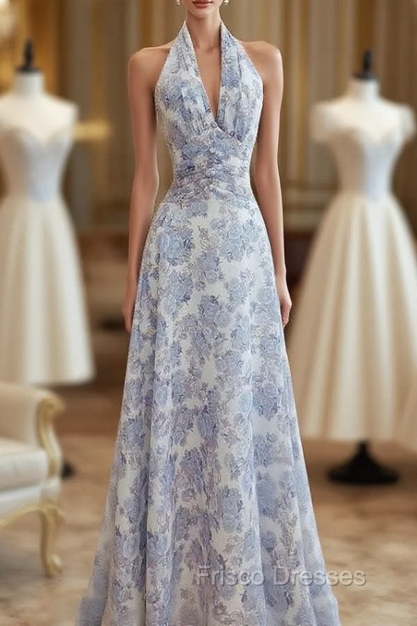 Light Blue French Halter V Neck Print Floral Long Formal Prom Dress