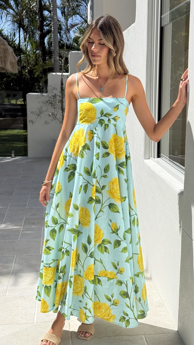 Light Blue Kaethe Maxi Dress Lemon Aqua Floral