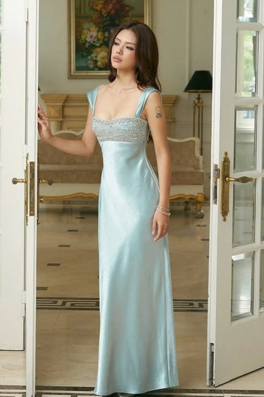 Light Blue Patchwork Rhinestone Ruched Elegant Maxi Dress
