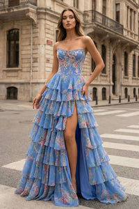 Light Blue Periwinkle Strapless A Line Floral Chiffon Ruffled Prom