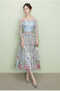 Light Blue Tea Length Lace Floral Wedding Party Dress, Beautiful