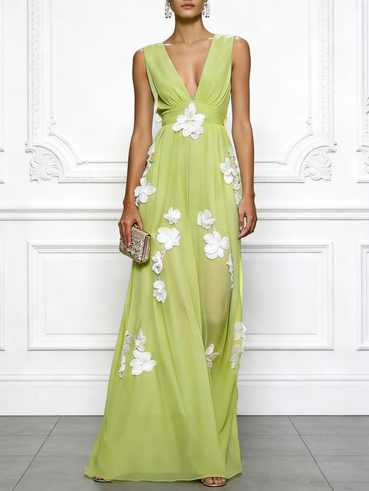Light Green Applique Chiffon V Neck Sleeveless A Line Maxi Dress