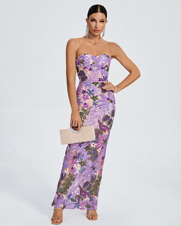Lilac Dahlia Floral Embellished Sequins Dress Klyf1035 Wolddress