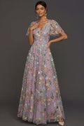 Lilac Mauve A Line Embroidered Floral V Neck Long Formal Dress