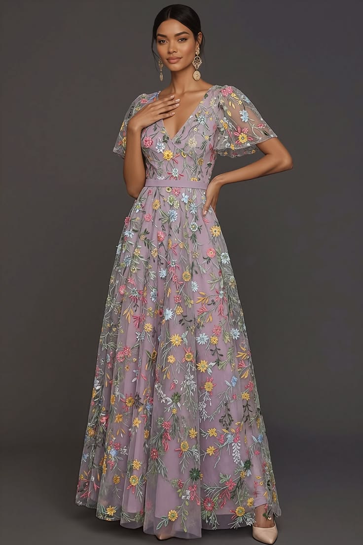 Lilac Mauve A Line Embroidered Floral V Neck Long Formal Dress