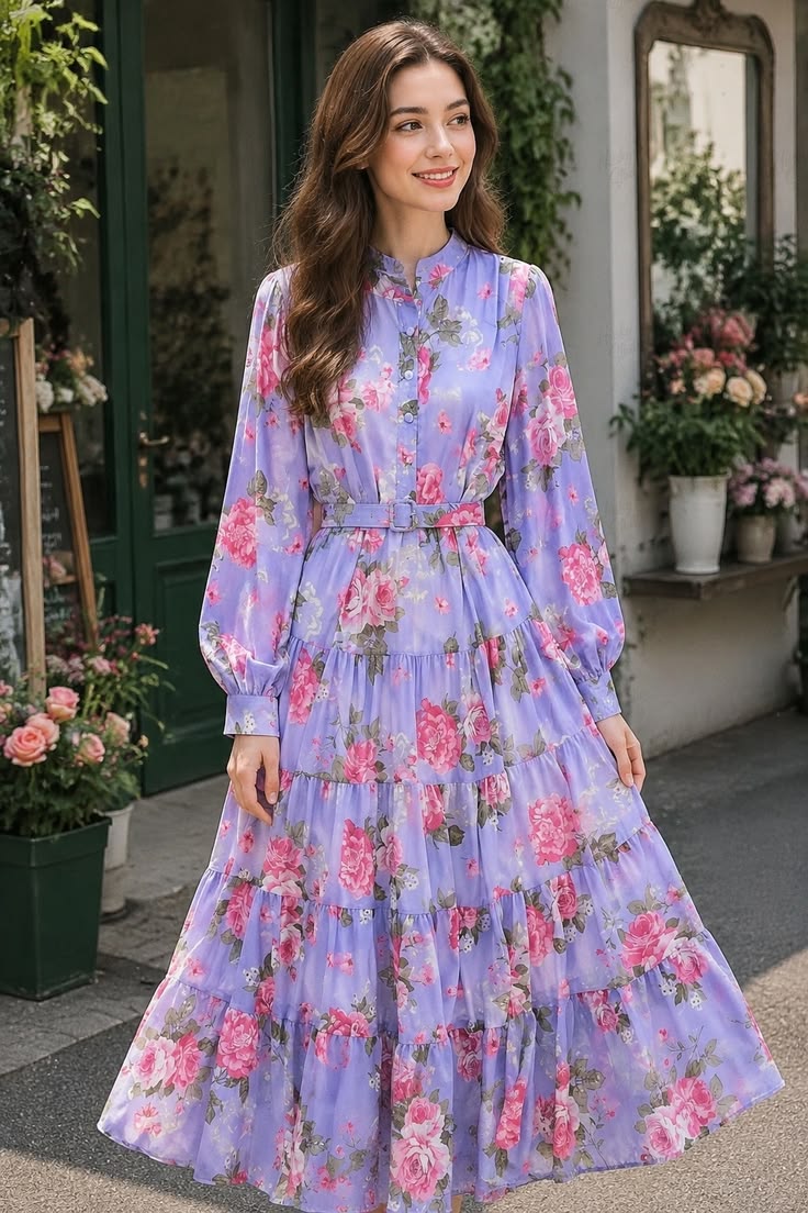 Lilac Sophisticated Floral Chiffon Gown With High Collar, Waist