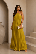 Lime Satin Pleated Maxi Dress