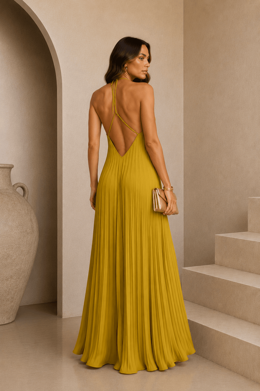Lime Satin Pleated Maxi Dress