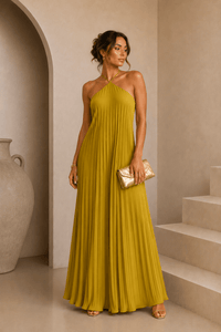 Lime Satin Pleated Maxi Dress