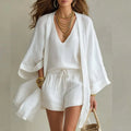 Madison | Linen 3 Piece Set V-Neck Top Drawstring Shorts Kimono