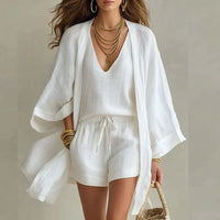 Madison | Linen 3 Piece Set V-Neck Top Drawstring Shorts Kimono White