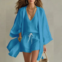 Madison | Linen 3 Piece Set V-Neck Top Drawstring Shorts Kimono Blue