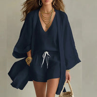 Madison | Linen 3 Piece Set V-Neck Top Drawstring Shorts Kimono Navy Blue