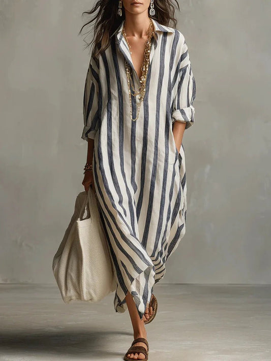 Olivia | Linen Shirt Dress V-Neck Striped Maxi Long Sleeve Loose Fit Blue