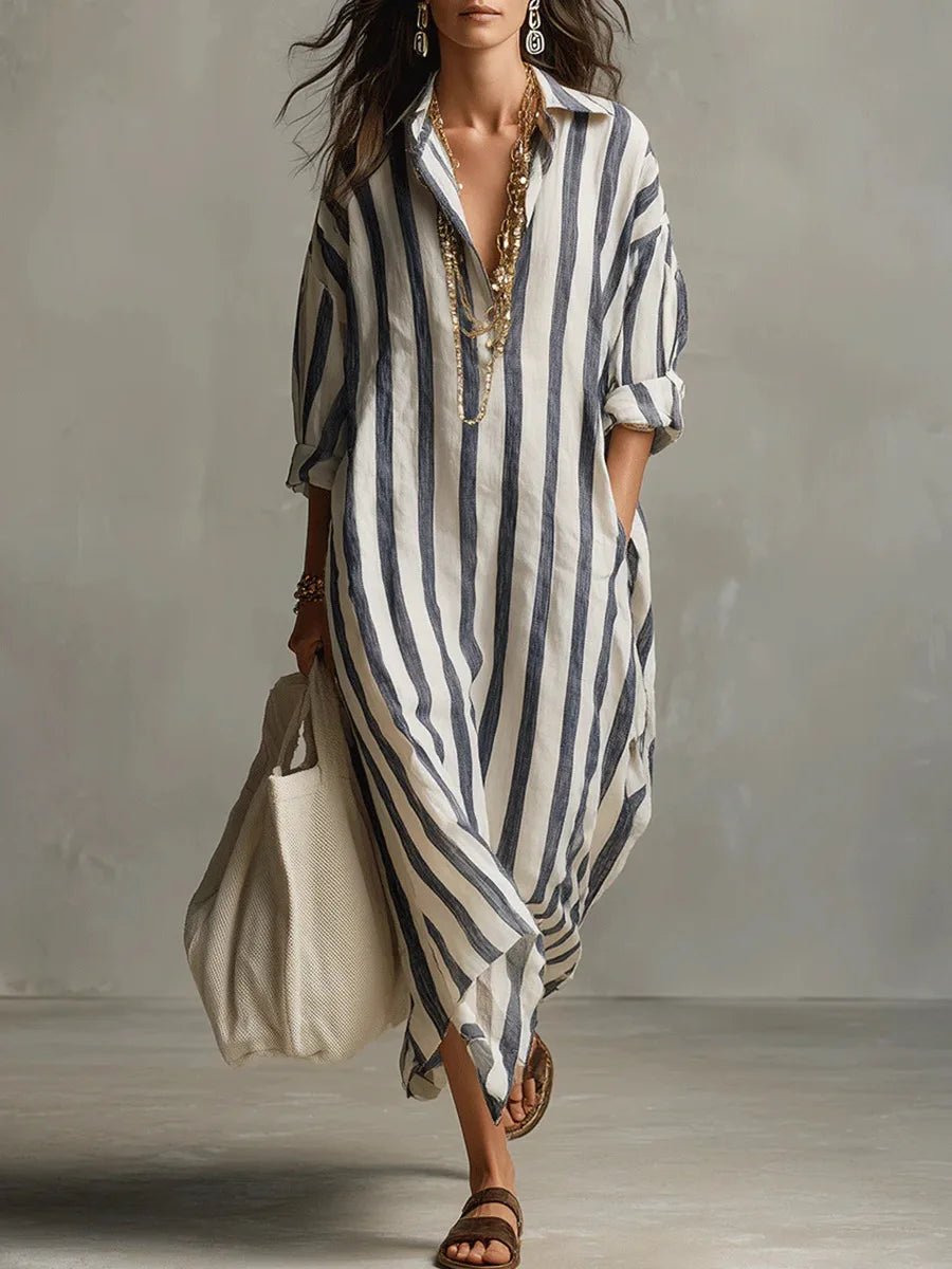 Olivia | Linen Shirt Dress V-Neck Striped Maxi Long Sleeve Loose Fit Blue