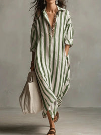 Olivia | Linen Shirt Dress V-Neck Striped Maxi Long Sleeve Loose Fit Green