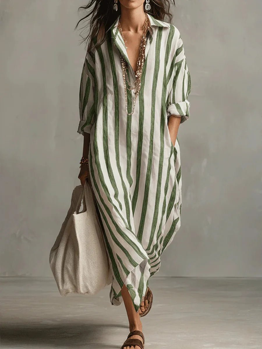 Olivia | Linen Shirt Dress V-Neck Striped Maxi Long Sleeve Loose Fit Green