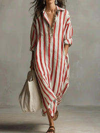 Olivia | Linen Shirt Dress V-Neck Striped Maxi Long Sleeve Loose Fit Red