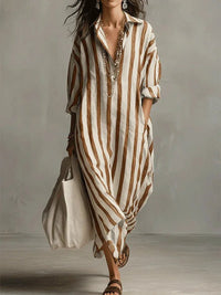 Olivia | Linen Shirt Dress V-Neck Striped Maxi Long Sleeve Loose Fit Earthy Yellow