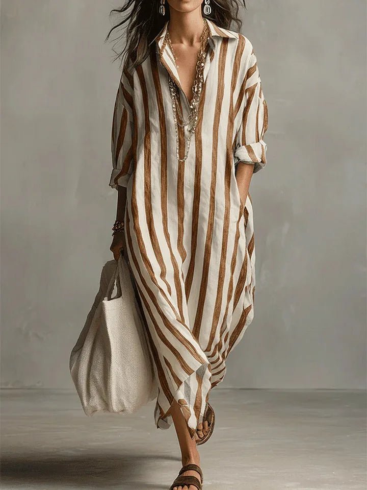 Olivia | Linen Shirt Dress V-Neck Striped Maxi Long Sleeve Loose Fit Earthy Yellow