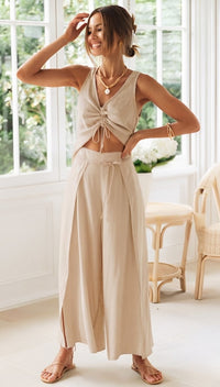 Madison | Linen Two-Piece Set V-Neck Crop Top Wide-Leg Pants Beige