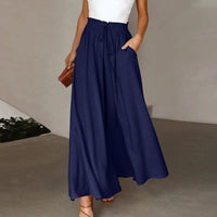 Isabella | Linen Wide Leg Pants High Waist Drawstring A-Line Pockets Dark Blue